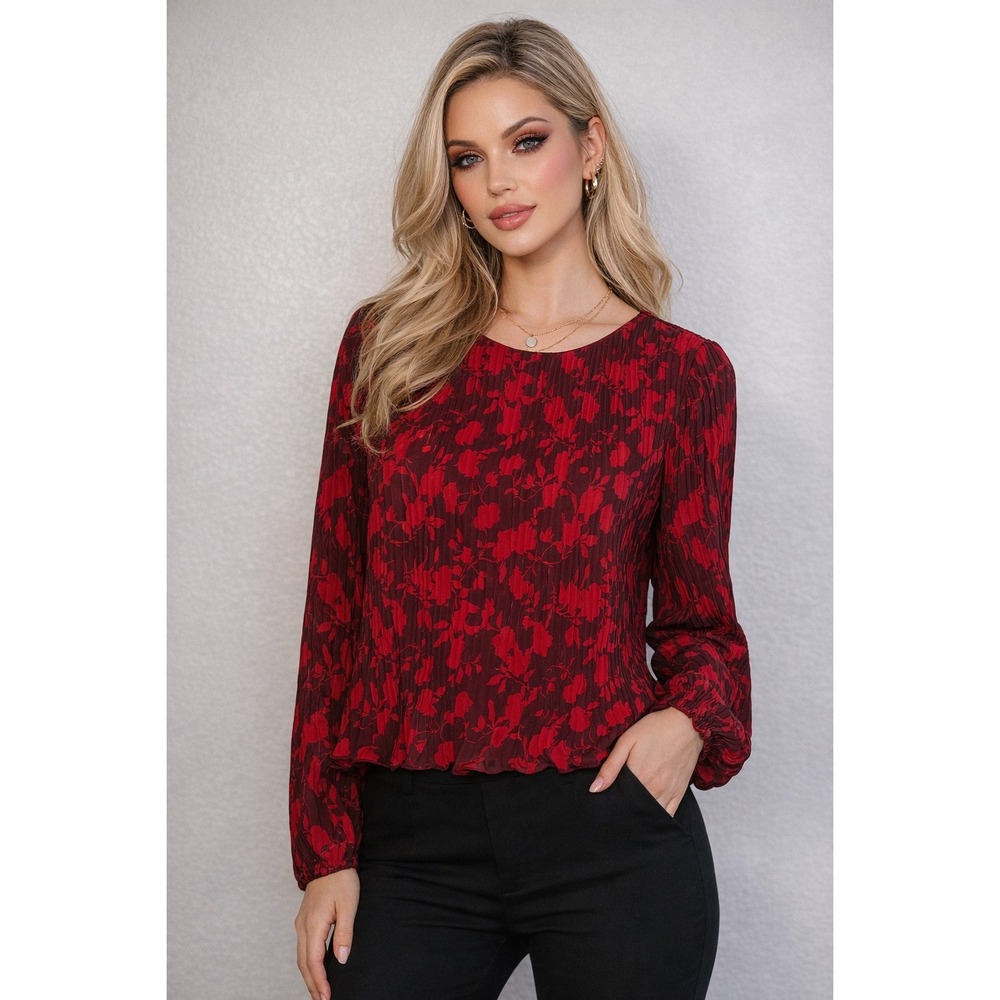 Melloday Burgundy Red Floral Micro Pleated‎ Long Sleeve Blouse Keyhole Back M